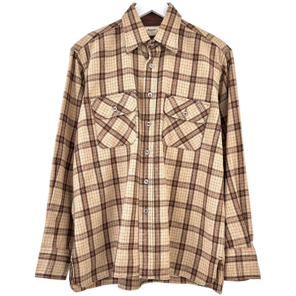 Vintage 1970s Arrow Brown Check Plaid Wool Blend Button Up Flannel Shirt sz M